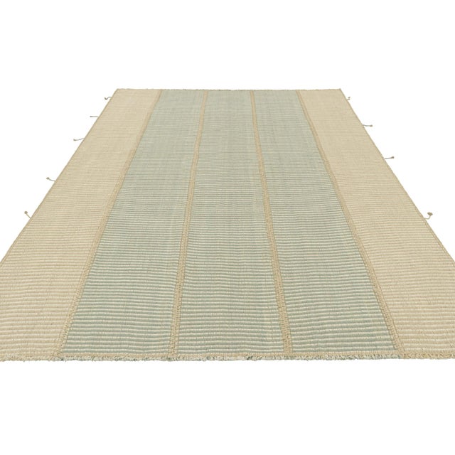 2010s Rug & Kilim’s Contemporary Kilim in Beige, Blue and White Textural Stripes For Sale - Image 5 of 7