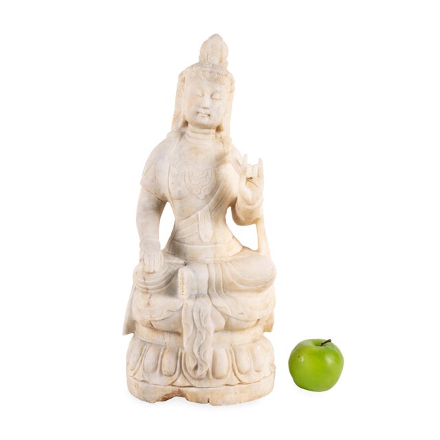 Beautiful 20th-century Chinese carved white marble sculpture of Guanyin, the Bodhisattva of Compassion and one of the most...