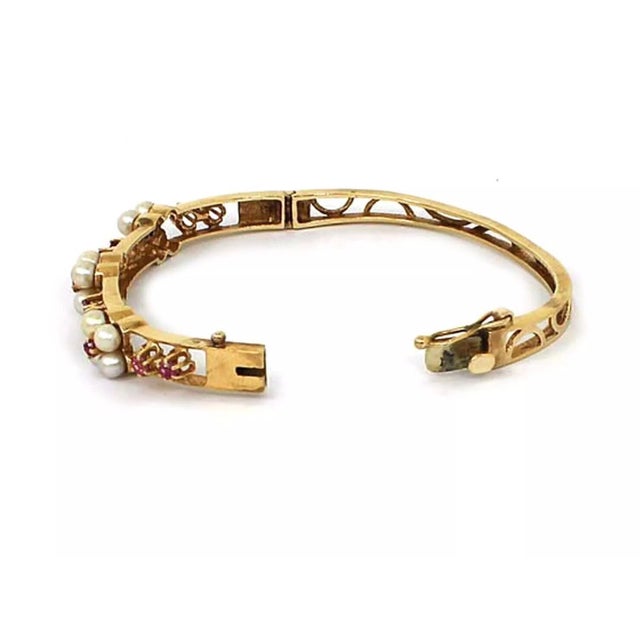 Late 20th Century Ruby & Pearls 14k Yellow Gold Bangle Bracelet For Sale - Image 4 of 4