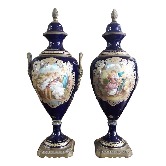 Cobalt Blue Porcelain Vases with Painting and Bronzes, Set of 2 For Sale