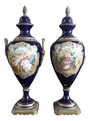 Cobalt Blue Porcelain Vases with Painting and Bronzes, Set of 2