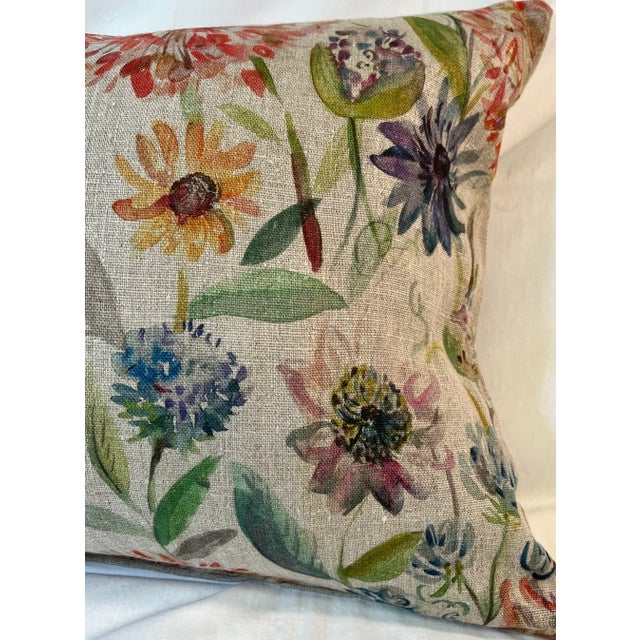 Tan Large Bolster Pillow Decorated With a Delicate Water Color Look Floral Pattern of Rich Blues, Pinks and Yellows - Made in the U K For Sale - Image 8 of 12