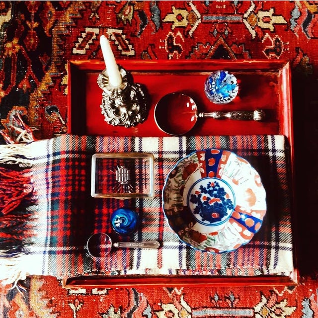 19th Century Chinese Elmwood Red Lacquer Tea Tray - Hand Made & Hand Painted For Sale - Image 11 of 12