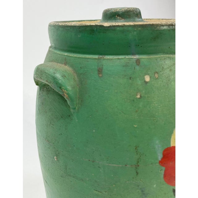 Sculpture Materials Antique Hand-Painted Green Floral Motif Lidded Crock For Sale - Image 7 of 8