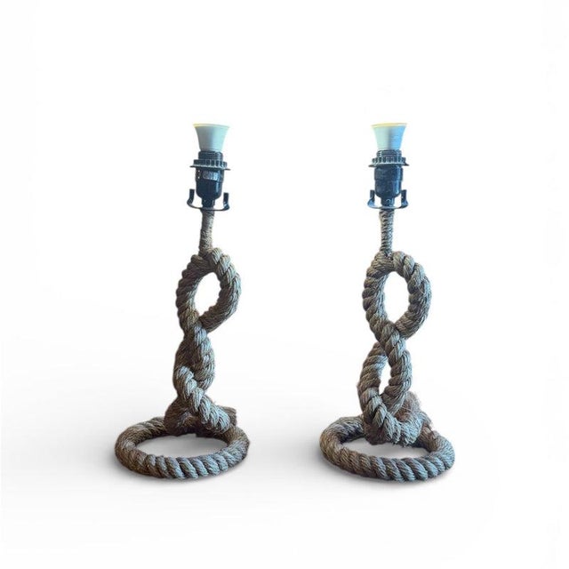 Vintage Nautical Style Rope Table Lamps – Pair A distinctive pair of vintage nautical-style table lamps, featuring...