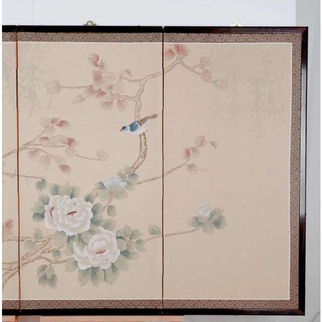 1960s Japanese Byobu "Blue Birds White Flowers" 4-Panel Folding Screen Very Good + For Sale In San Diego - Image 6 of 12