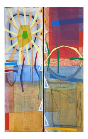 Contemporary Abstract Mixed Media on Joined Canvas Panels Painting "Bloomstone (Day Into Night)" by Michael Barringer
