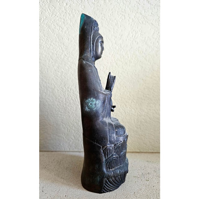Bronze 19th Century Chinese Bronze Seated Guanyin With Mark, Qing Dynasty For Sale - Image 8 of 12