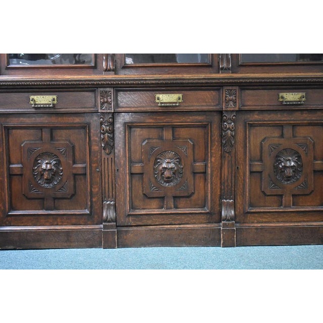 Late 19th Century Victorian Three Door Bookcase in Carved Oak, 1880 For Sale - Image 5 of 12