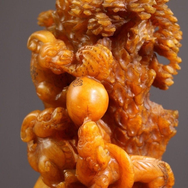 Carved Soapstone Dragon and Coin Sculpture on Wooden Stand For Sale - Image 4 of 9