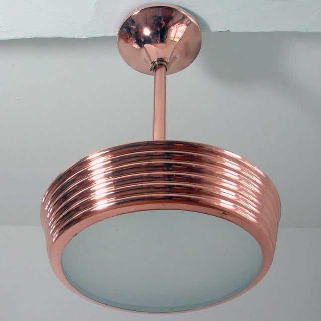 French Art Deco Copper and Satin Glass Flush Mount Pendant, 1930s For Sale - Image 11 of 12