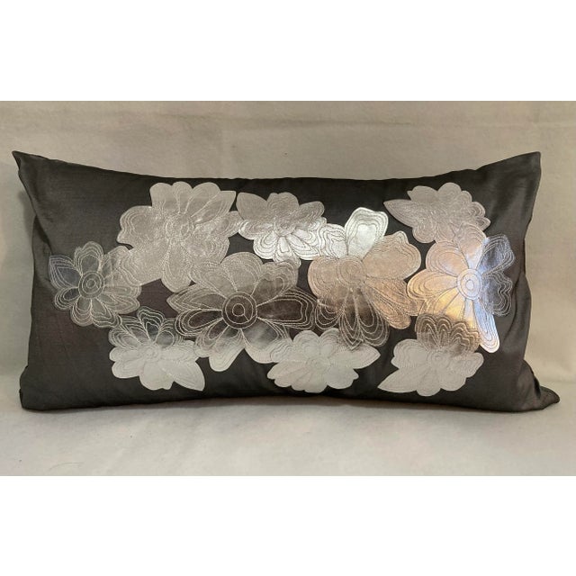 2010s Contemporary Metallic Silver Floral Embellished Lumbar Accent Pillow Cover For Sale - Image 5 of 5