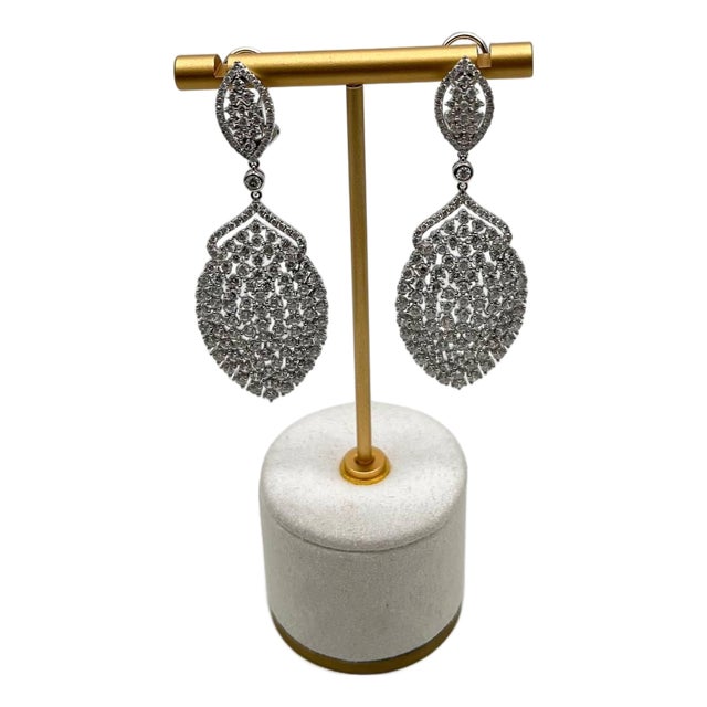 White Brilliant Cut Pave Diamond 18k White Gold Statement Drop Unique Earrings, A Pair For Sale