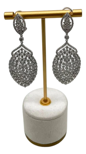 White Brilliant Cut Pave Diamond 18k White Gold Statement Drop Unique Earrings, A Pair