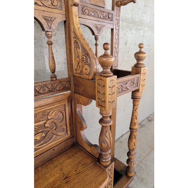 Antique Hall Tree Carved Oak Victorian Gothic Revival Ca. 1895-1915 For Sale - Image 14 of 18