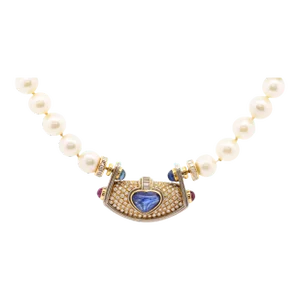 Vintage GIA Certified 5 Carat Heart Blue Sapphire, Diamond & Pearl Necklace