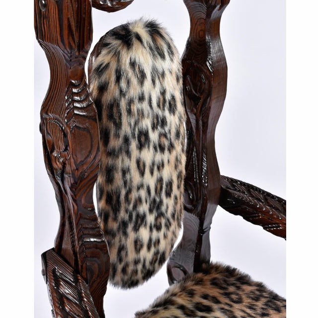 Pair of Restored Witco Conquistador Vintage Tiki Throne Chairs in New Faux Leopard Fur For Sale - Image 9 of 18