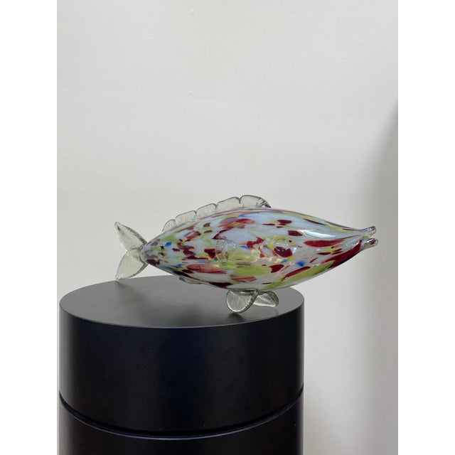 Large-scale mid-century Murano modern art glass fish sculpture, featuring an opaline/milky body with multicolor confetti...