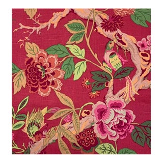 Richloom Green Orange Pink Tan "Bird on a Vine" Botanical Chinoiserie Floral Linen Fabric Sample For Sale