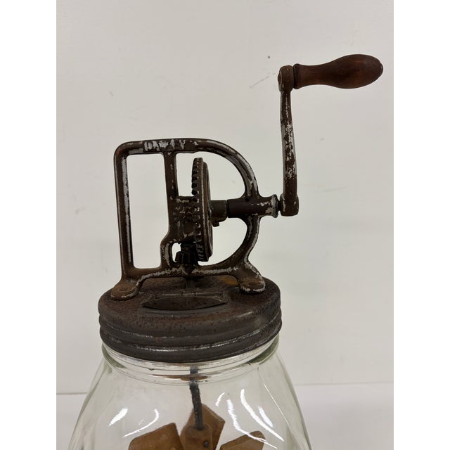 Authentic antique Dazey No. 40 four-quart glass butter churn featuring its original-style cast-iron hand-cranked gear...