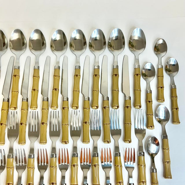 Vintage Coastal Boho Chic Chinoiserie Faux Bamboo & 18/8 Stainless Flatware Set- 49 Pieces. For Sale - Image 4 of 12