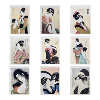 1920s Japanese Woodblock Prints Set of Nine (9) Kitagawa Utamaro Ukiyo-E Portraits Bijinga Women Showa Not Framed For Sale