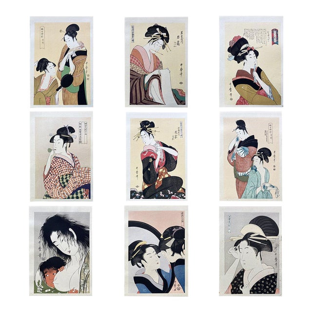 1920s Japanese Woodblock Prints Set of Nine (9) Kitagawa Utamaro Ukiyo-E Portraits Bijinga Women Showa Not Framed For Sale