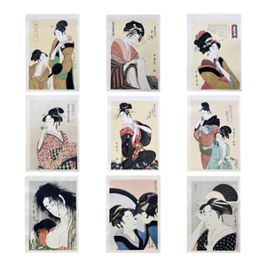 1920s Japanese Woodblock Prints Set of Nine (9) Kitagawa Utamaro Ukiyo-E Portraits Bijinga Women Showa Not Framed