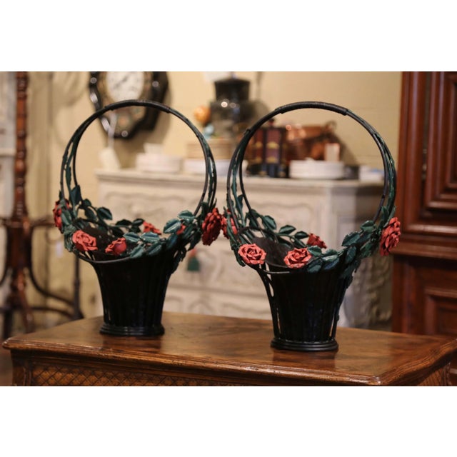 Pair of Mid-Century French Painted Iron Hanging Jardinière Baskets With Roses For Sale - Image 4 of 13
