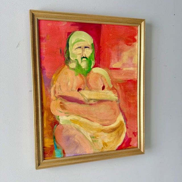 Late 20th Century Vintage Figural Male Oil Portrait Painting Framed, Studio Ghibli Style For Sale - Image 4 of 6