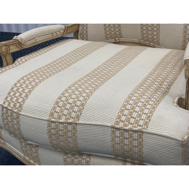 Taylor King Bergère Armchair With Carved Wood Palm Motif Back – Neutral Coastal Upholstery For Sale - Image 9 of 12