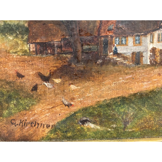 American Small Vintage Landscape Painting With Chickens Signed For Sale - Image 3 of 9