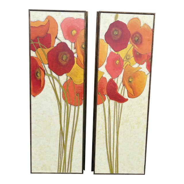 Contemporary Textured Poppy Floral Wall Art Panels – Set of 2 For Sale