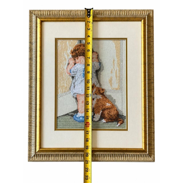 Metal Vintage Set of 2 Framed Needlepoint Art Child & Dog Gold Frames Cottagecore 20.5x17" For Sale - Image 7 of 9