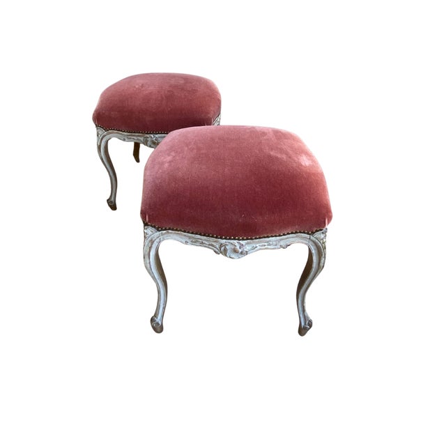 Pair of 19th Century French Provincial Mohair Footstools - Carved Serpentine Frames, Custom Finish and Dusty Rose Upholstery For Sale - Image 13 of 16