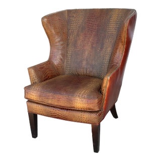 English Crocodile Embossed Leather Wingback Arm Chair - 1 of 2 For Sale