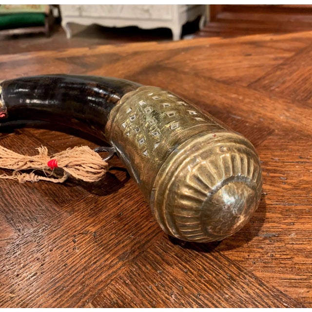 French 19th Century French Mounted Drinking Horn With Engraved Brass and Tassels For Sale - Image 3 of 10