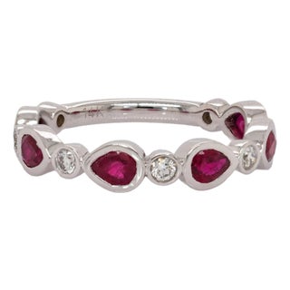 Ruby Band With Natural Diamond Accents in Solid 14k Gold | Six Pear Shape Ruby, Size 6.75 For Sale