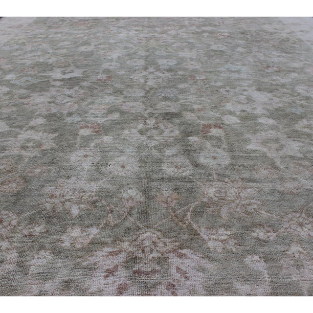 Celadon 1930's Vintage Turkish Muted Oushak With All-Over Floral Design and Border For Sale - Image 8 of 10