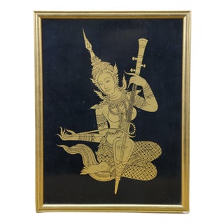 Thai Black Lacquer Lai Rot Nam Goddess of the Sea Gilded Panel 11" For Sale