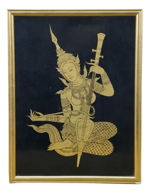 Thai Black Lacquer Lai Rot Nam Goddess of the Sea Gilded Panel 11"