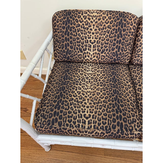 Mid 20th Century Vintage Faux Bamboo Iron Chinoiserie Loveseat Settee With Leopard Print Cushions For Sale - Image 9 of 12