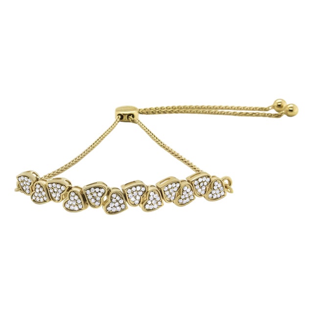 14K Yellow Gold Plated .925 Sterling Silver 1/2 Cttw Diamond Sideways Hearts Bolo Bracelet (H-I Color, I1-I2 Clarity) - 4”-10” Adjustable For Sale