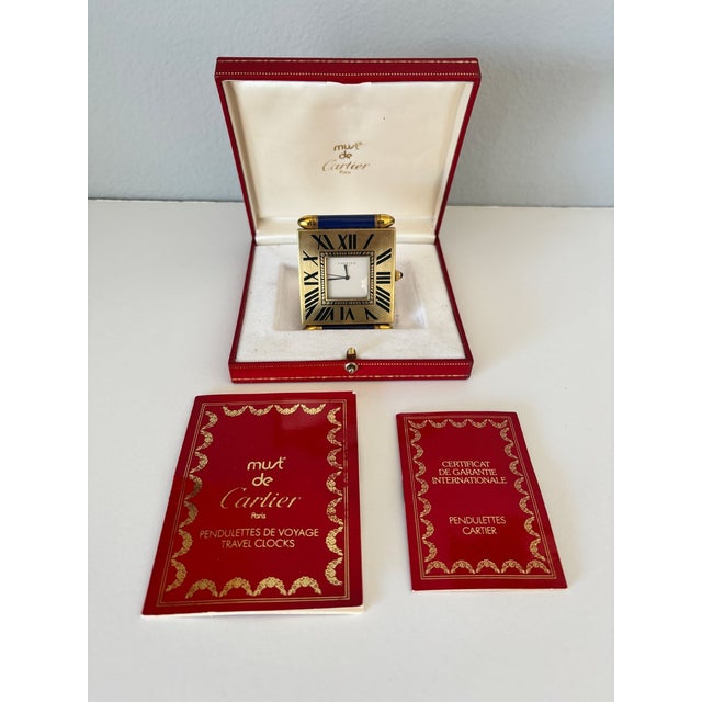Cartier Vintage Cartier Folding Travel Desk Clock Paris Gilt-Brass and Blue Enamel 1990 For Sale - Image 4 of 18