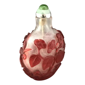 Antique Beijing Glass With Red Glass Overlay in Floral Motifs and Custom Made Stopper