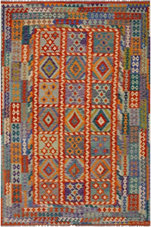 Shabby Chic Tribal Rust/Blue Hand-Woven Kilim Wool Rug - 6'11 X 10'1