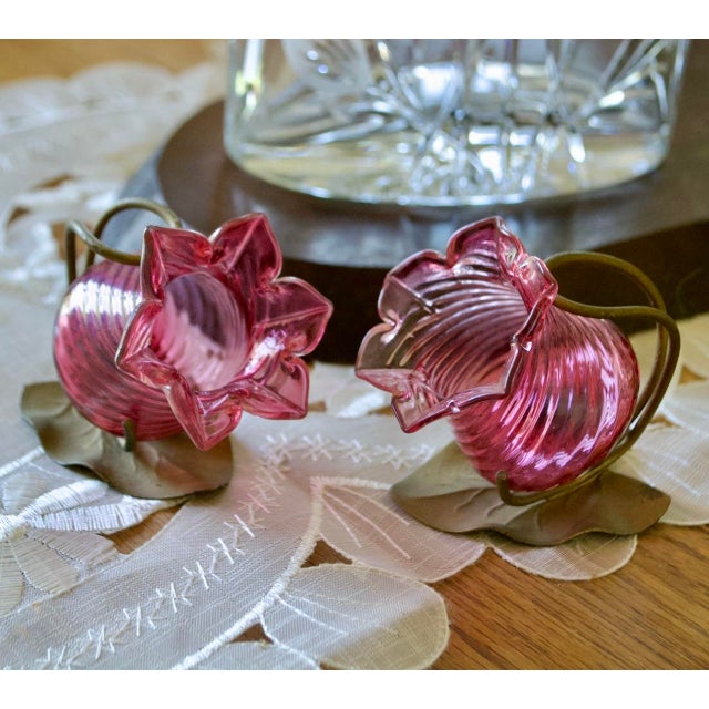 Thomas Webb Victorian Cranberry Glass Flower Salt Cellar Pair – English Antique Glass With Metal Mounts For Sale - Image 11 of 11