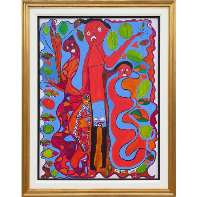 Late 20th Century Late 20th Century Red & Blue Abstract Figurative Painting With Four Figures and Botanical Elements By For Sale - Image 13 of 13