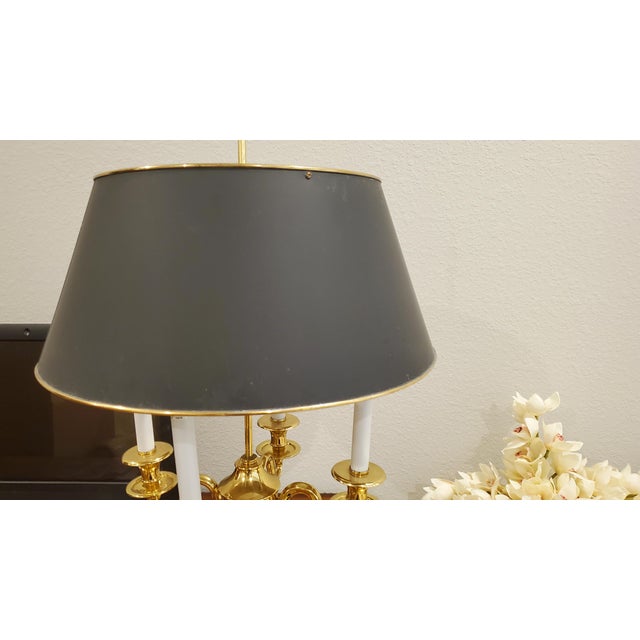 2000 - 2009 Neiman Marcus Baldwin Solid Forged Brass 4-Arm Bouillotte Table Lamp With Opaque Tole Shade For Sale - Image 5 of 6