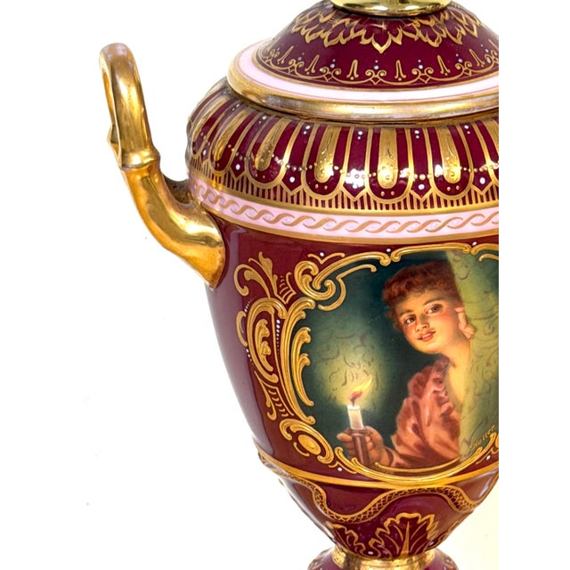 Early 20th Century “Good Night” Vienna Style Porcelain Urn Lamp Maiden and Candle, Signed F. Koller For Sale In West Palm - Image 6 of 16